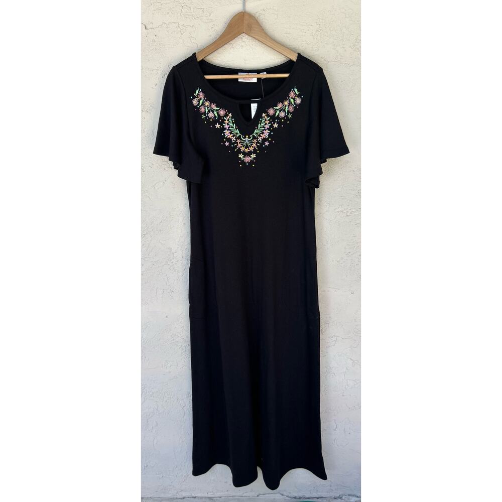 NWT Quacker Factory Black Embroidered Flutter Sleeve Maxi Dress Medium